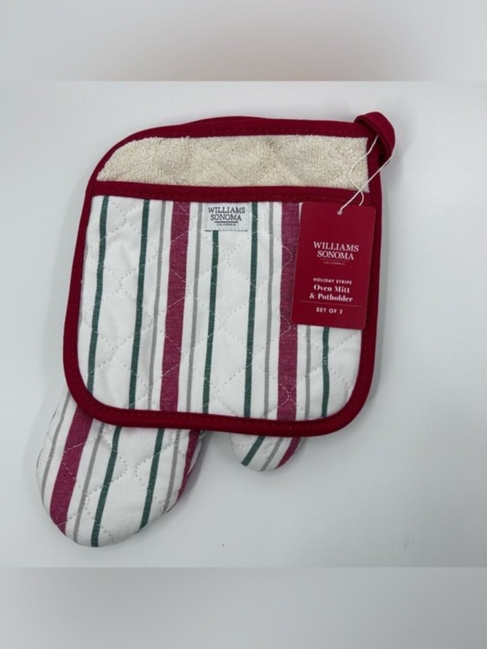 NWT Williams Sonoma Holiday Stripe Oven Mitt & Potholder - Red, Green, White